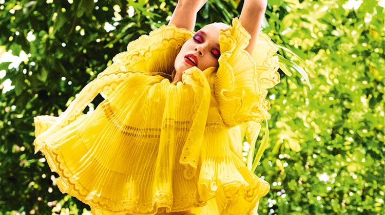 Shining in yellow, Josephine Skriver models Chloe pleated dress