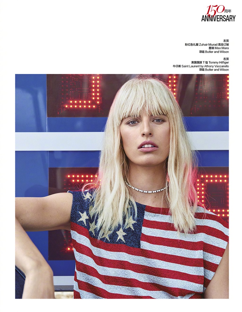 Karolina Kurkova models Tommy Hilfiger flag t-shirt