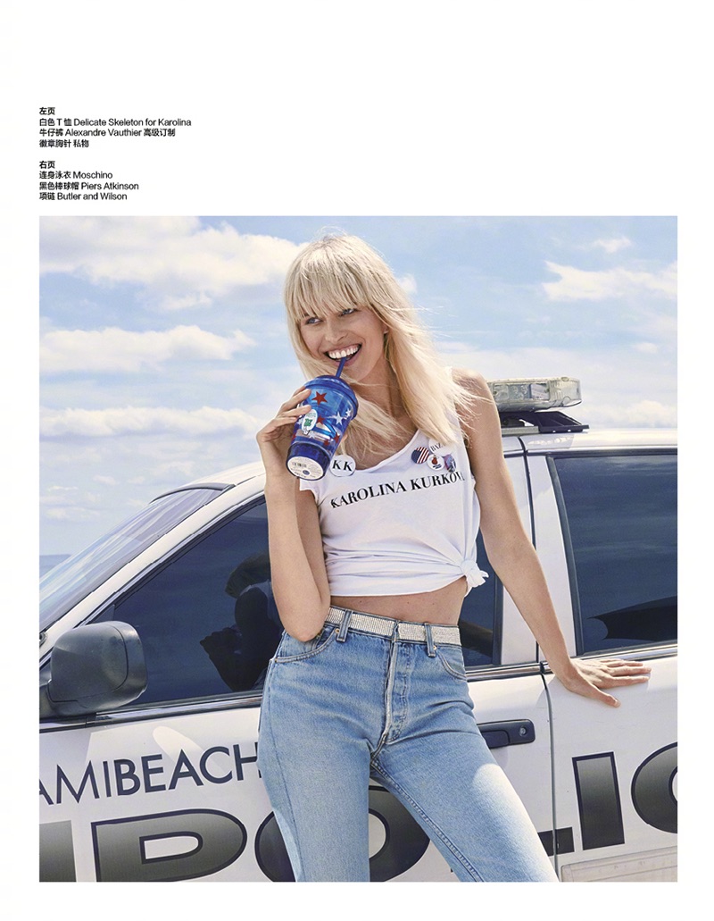 Karolina Kurkova is all smiles in customized t-shirt and Alexandre Vauthier jeans