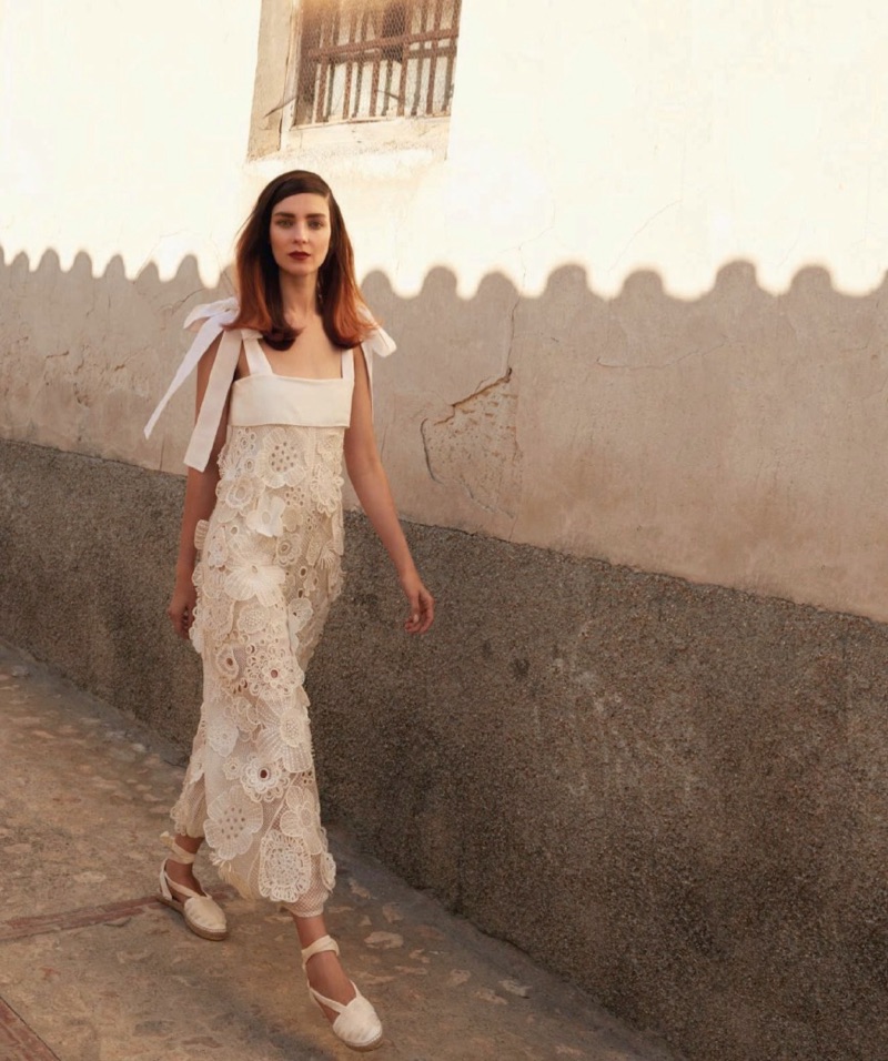 Walking the streets, Kati Nescher models Chloe floral appliqué dress with Castaner espadrilles