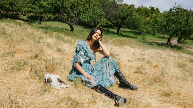 Posing outdoors, Kendall Jenner models Preen dress with Alexander McQueen boots