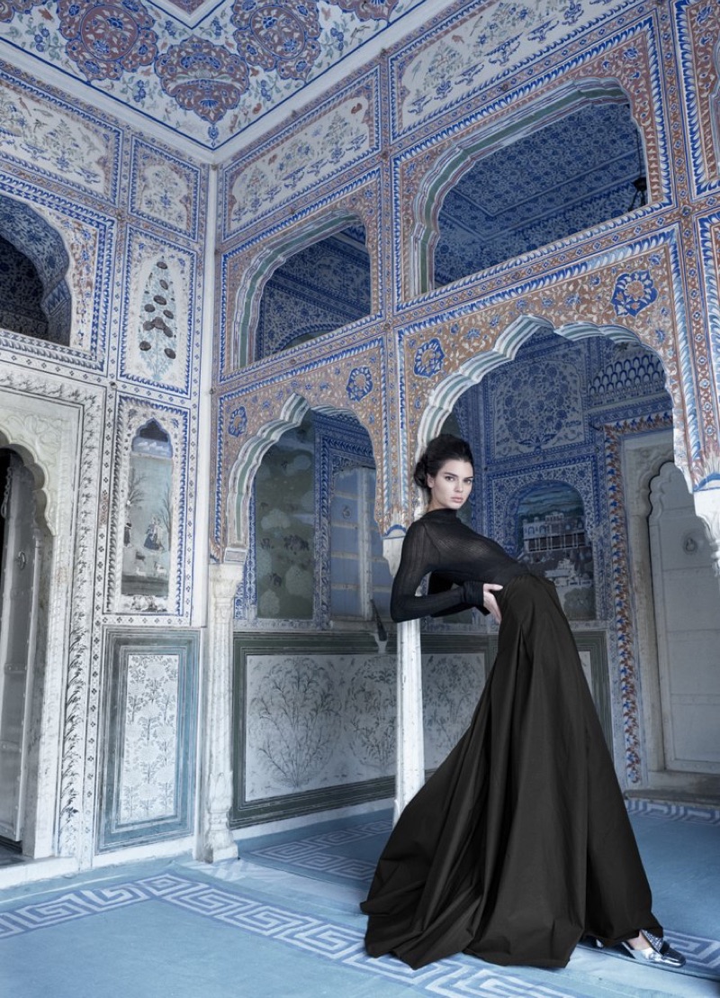 Photographed by Mario Testino, model Kendall Jenner poses in black gown