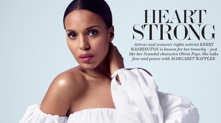 Photographed by Kerry Hallihan, Kerry Washington poses in Johanna Ortiz off-the-shoulder top