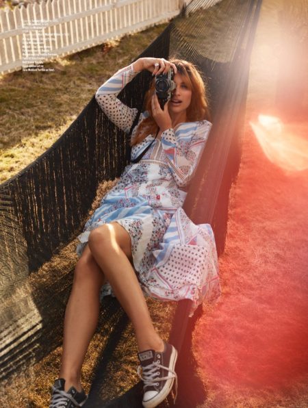 Lise Olsen Poses in Summertime Looks for ELLE Norway Posing in a hammock, Lise Olsen wears Tommy Hilfiger dress and Converse sneakers