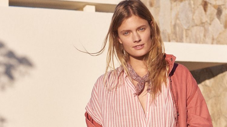 Madewell Prospect Jacket in Spiced Rose, Central Tie-Back Shirt in Rose Stripe and Pieced McCaren Raw-Hem Jean Skirt