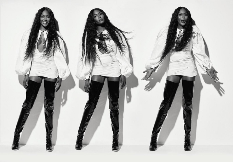 Supermodel Naomi Campbell poses in Jacquemus blouse and Ellery thigh high boots