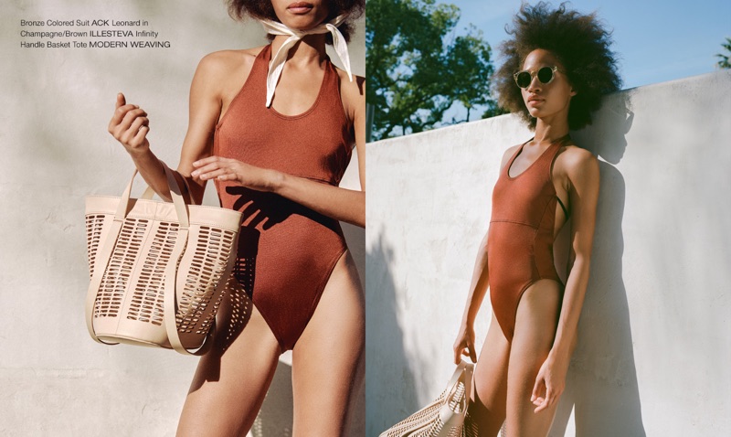 ACK Ana Uno Swimsuit in Dattero, Illesteva Leonard Sunglasses and Modern Weaving Handle Basket Tote Bag