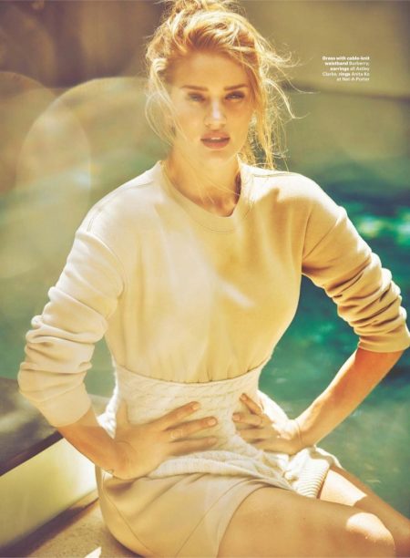 Rosie Huntington-Whiteley Looks Ready for Summer in Glamour UK Striking a pose, Rosie Huntington-Whiteley models Burberry dress and cable-knit waistband