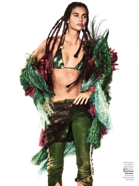 Sara Sampaio Rocks Festival Inspired Fashion for Vogue Brazil Sara Sampaio models Gucci jacket and pants with Beach Bunny Swimwear bikini