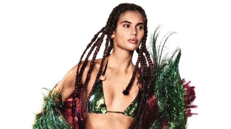 Sara Sampaio models Gucci jacket and pants with Beach Bunny Swimwear bikini