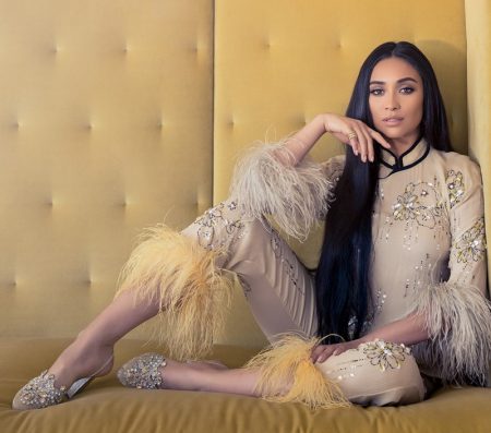 Shay Mitchell Stuns in Spring Styles for Ocean Drive Magazine Actress Shay Mitchell poses in Prada feather embellished top and pants with Rene Caovilla slingback pump