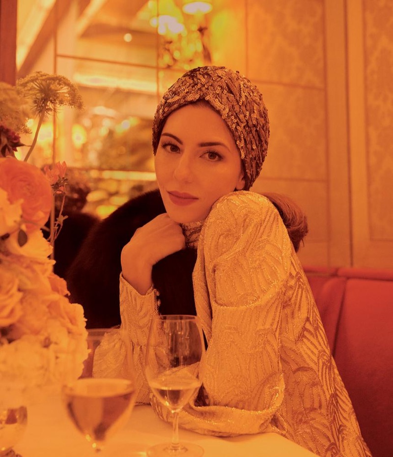 Sofia Coppola poses in Kokin turban, Marc Jacobs dress and Pologeorgis shrug