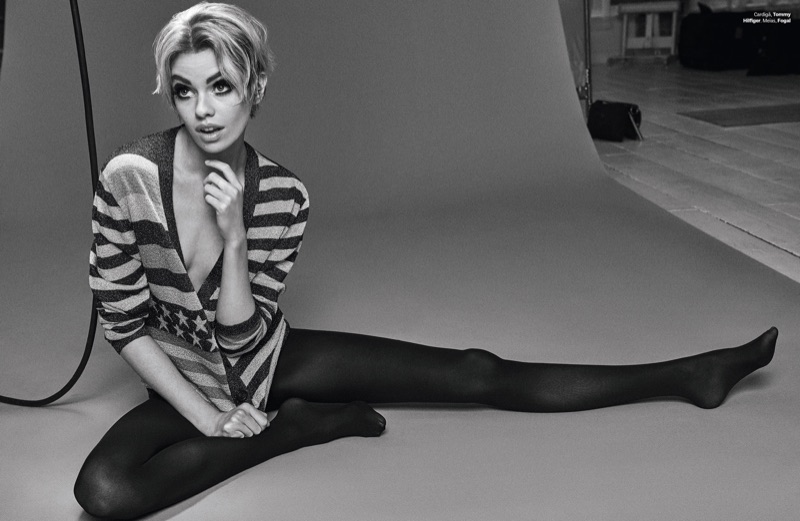 Stella Maxwell wears Tommy Hilfiger cardigan and Fogal hosiery