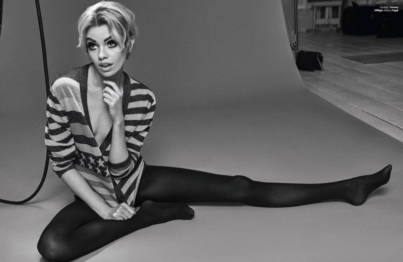 Stella Maxwell wears Tommy Hilfiger cardigan and Fogal hosiery 