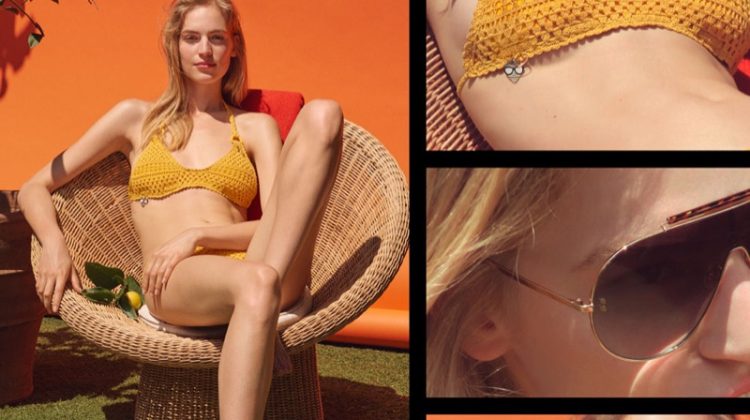 Vanessa Axente soaks up some sun in Stella McCartney Crochet Bikini Set in Mustard Yellow ($350)