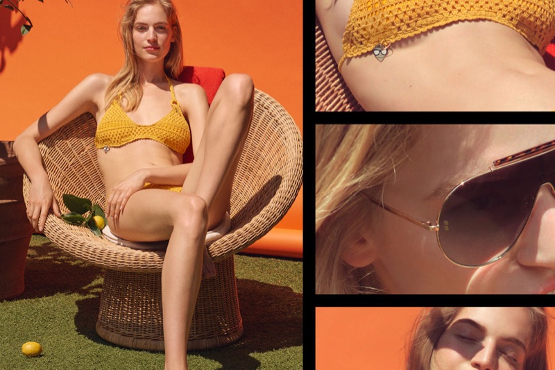 Vanessa Axente soaks up some sun in Stella McCartney Crochet Bikini Set in Mustard Yellow ($350)