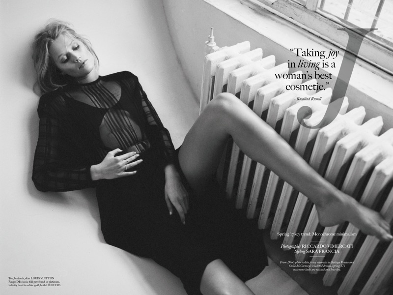 Toni Garrn models Louis Vuitton, top, bodysuit and skirt