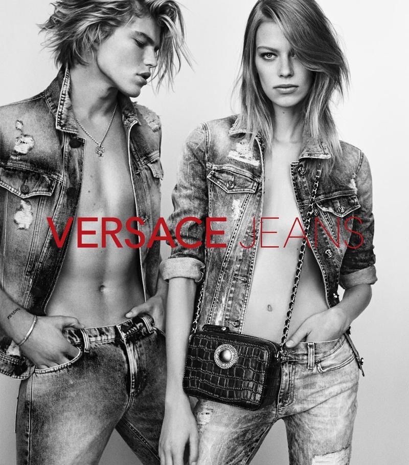Jordan Barrett and Lexi Boling wear denim on denim for Versace Jeans' spring 2017 campaign
