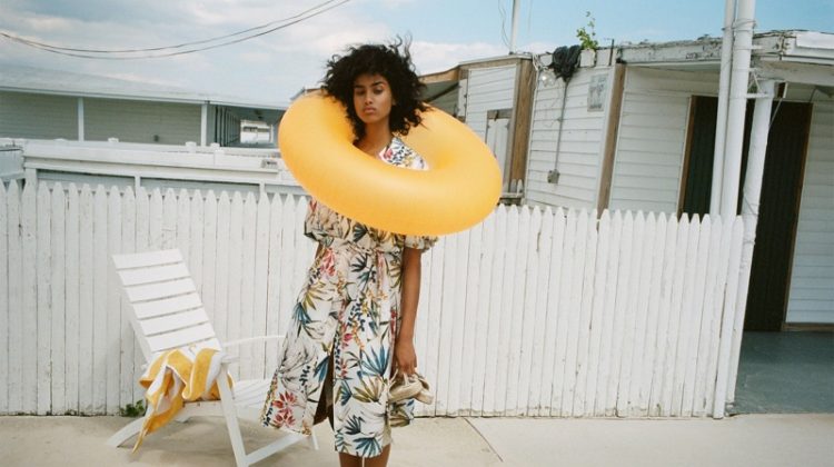 Imaan Hammam models Zara Long Printed Kimono Dress and Buckled Leather Slides