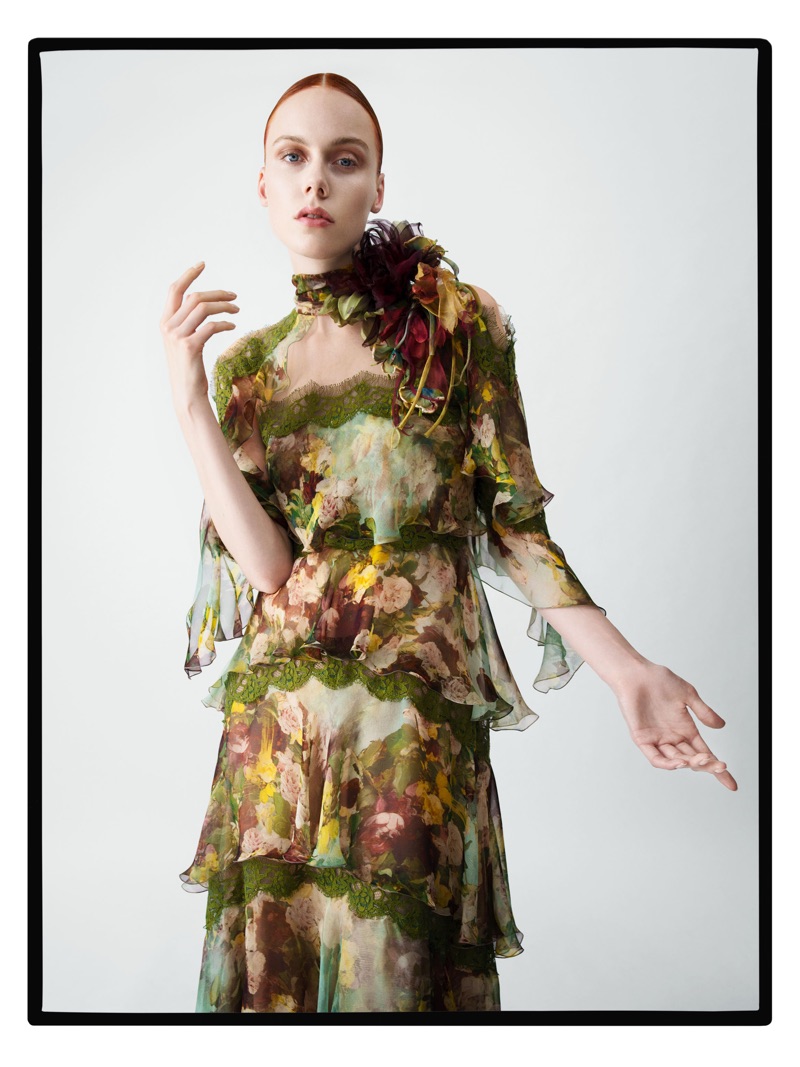 Kiki Willems wears floral print gown in Alberta Ferretti's fall-winter 2017 campaign