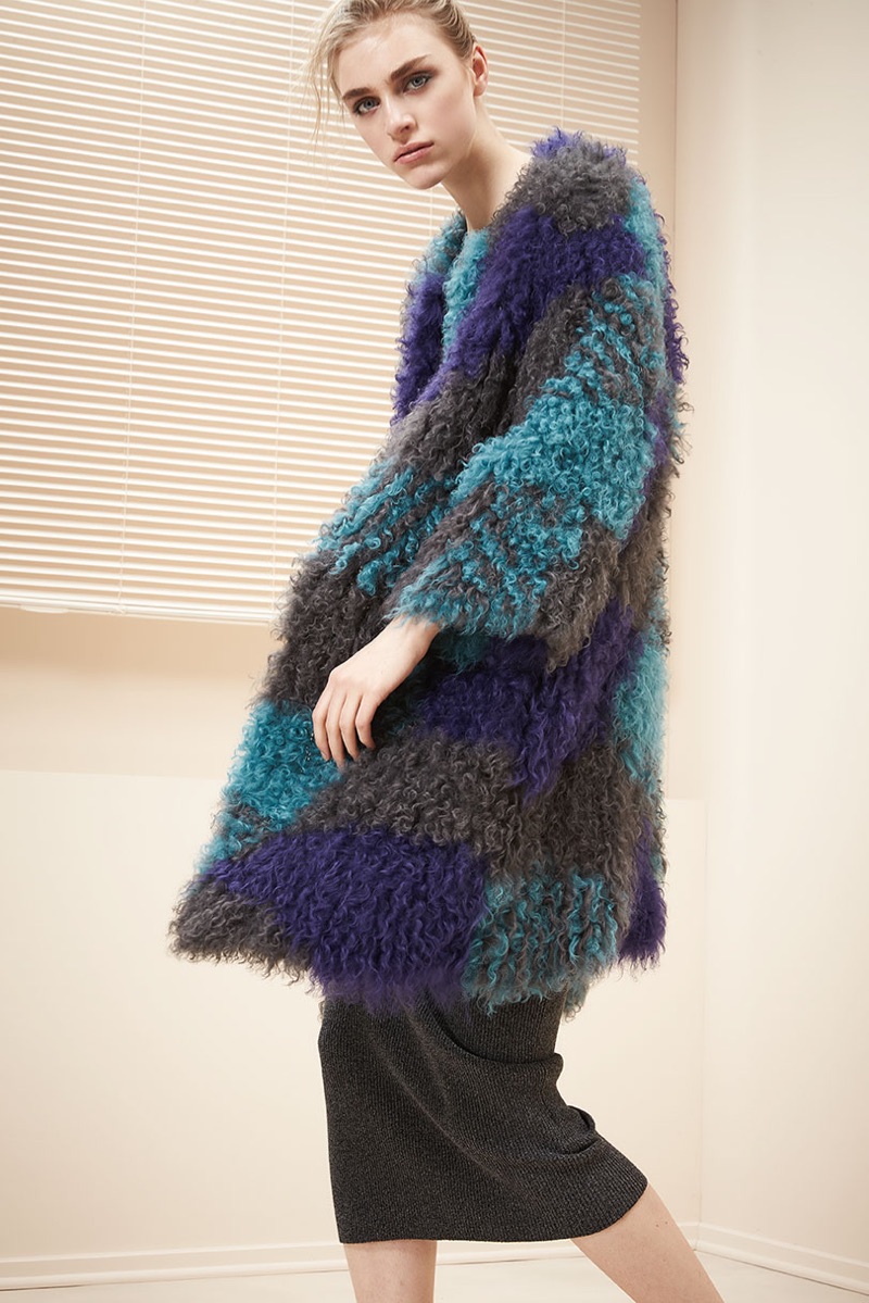 Armani Collezioni Colorblock Mongolian Lamb Fur Caban Coat and Armani Jeans Ribbed Midi Tube Skirt