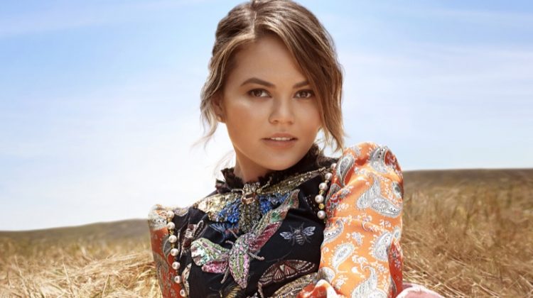 Model Chrissy Teigen looks like a nature girl in Gucci dress