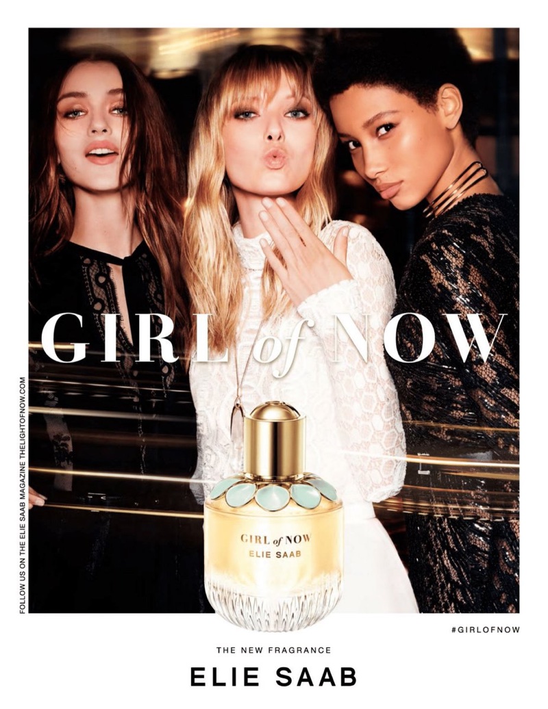 Gabby Westbrook, Ulrikke Hoyer and Lineisy Montero front Elie Saab's Girl of Now fragrance advertisement