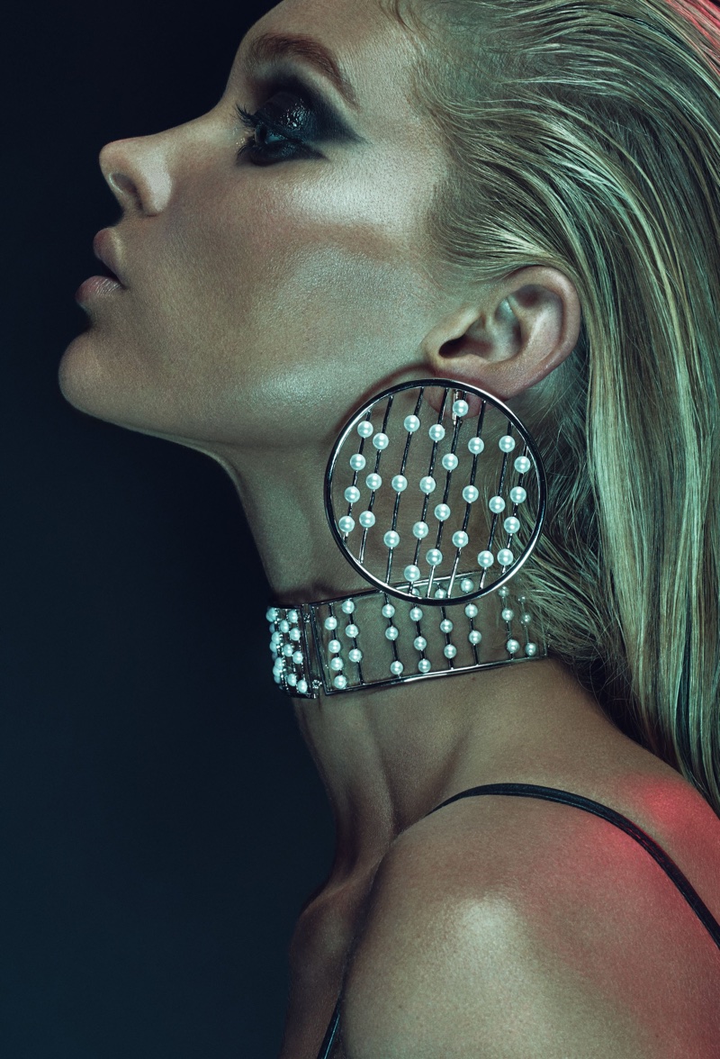 Model Elsa Hosk wears Fallon x The Mummy Prodigiam Pearl Disc Hoop earrings and Pearl Cage Choker