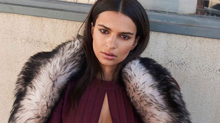 Model Emily Ratajkowski covers up in fur stole and dress from Marc Jacobs