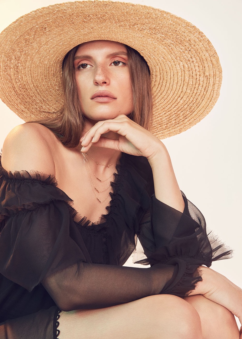 Magda Butrym for FWRD Saragossa Dress $1,639, Eugenia Kim Bunny Sun Day Hat $475, ERTH 14k 3 Gold Bar Necklace $595 and Carbon & Hyde Trojan Chain Choker $2,300