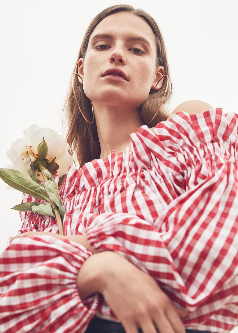 Marques' Almeida for FWRD Off Shoulder Gingham Blouse $350 and Magda Butrym Large Hoop Earrings $558