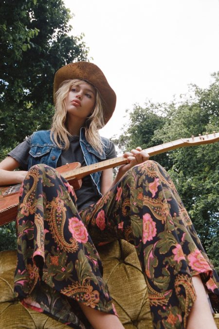 Staz Lindes Models Hippie Glam Style from Free People Vintage 1970's Studded Denim Vest and Spell Etienne Fitted Pant