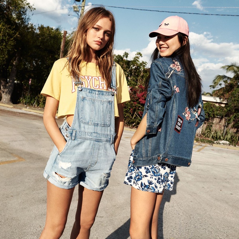 (Left) H&M Short T-Shirt and Denim Bib Overall Shorts (Right) H&M Embroidered Denim Jacket, Jersey Dress and Cotton Cap