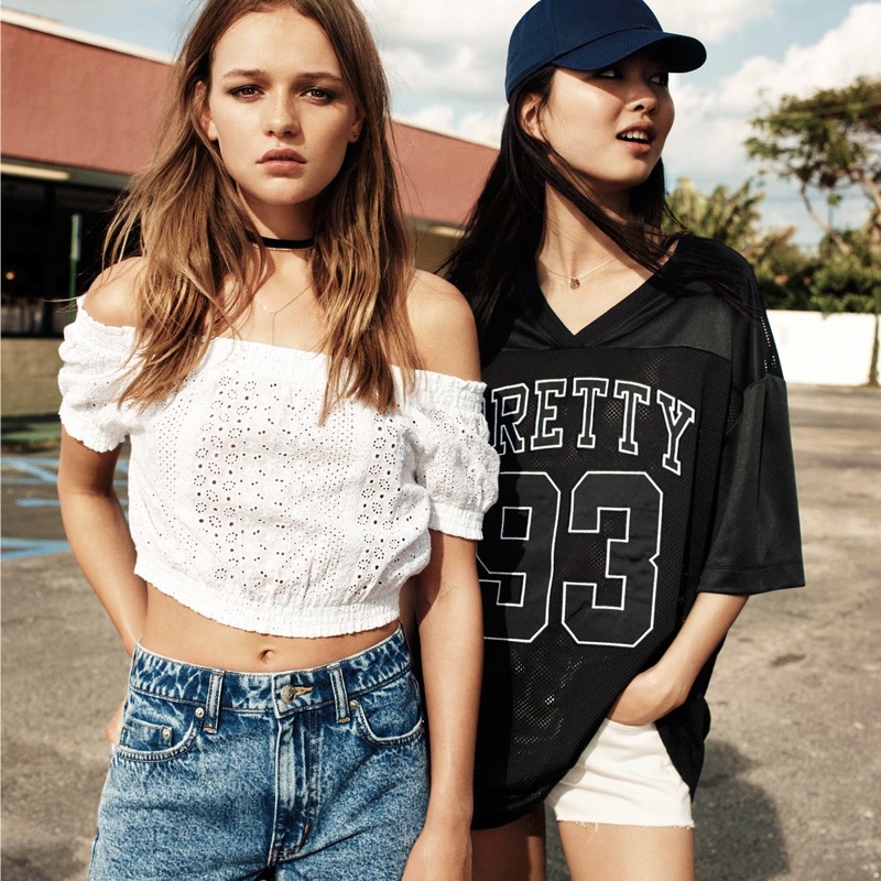 (Left) H&M Blouse with Eyelet Embroidery, Denim Shorts and Velvet Choker Necklace (Right) H&M Cotton Cap, Mesh T-Shirt and Denim Shorts