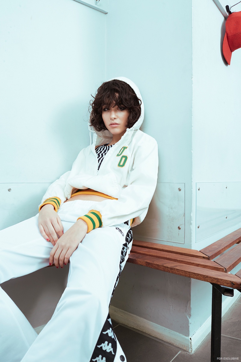 Baseball Jacket Rokit, Crop Top Kim West, Stripe Top Araks, White Trousers Kappa, Slides Ash