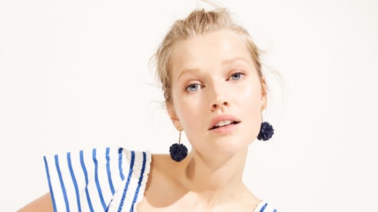 J. Crew Smocked Square-Neck Top in Stripe, Denim Short in Merrill Wash and Gathered Carnation Earrings