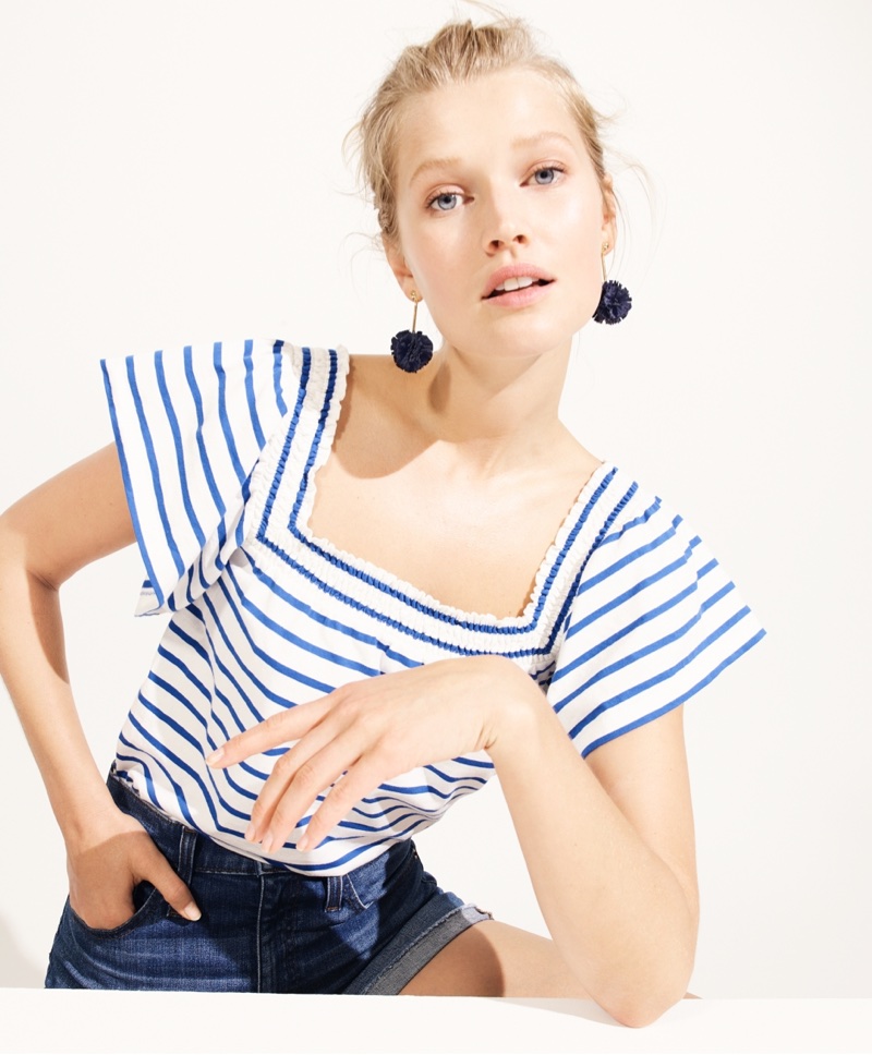 J. Crew Smocked Square-Neck Top in Stripe, Denim Short in Merrill Wash and Gathered Carnation Earrings