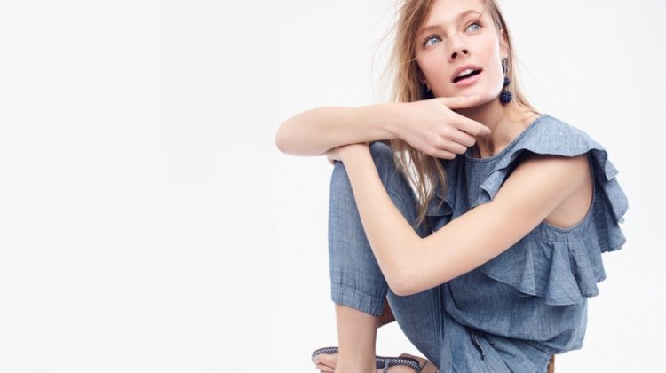 J. Crew Ruffle Top in Chambray, New Seaside Pant in Chambray, Beaded Ball Earrings and Gingham T-Strap Bow Sandals