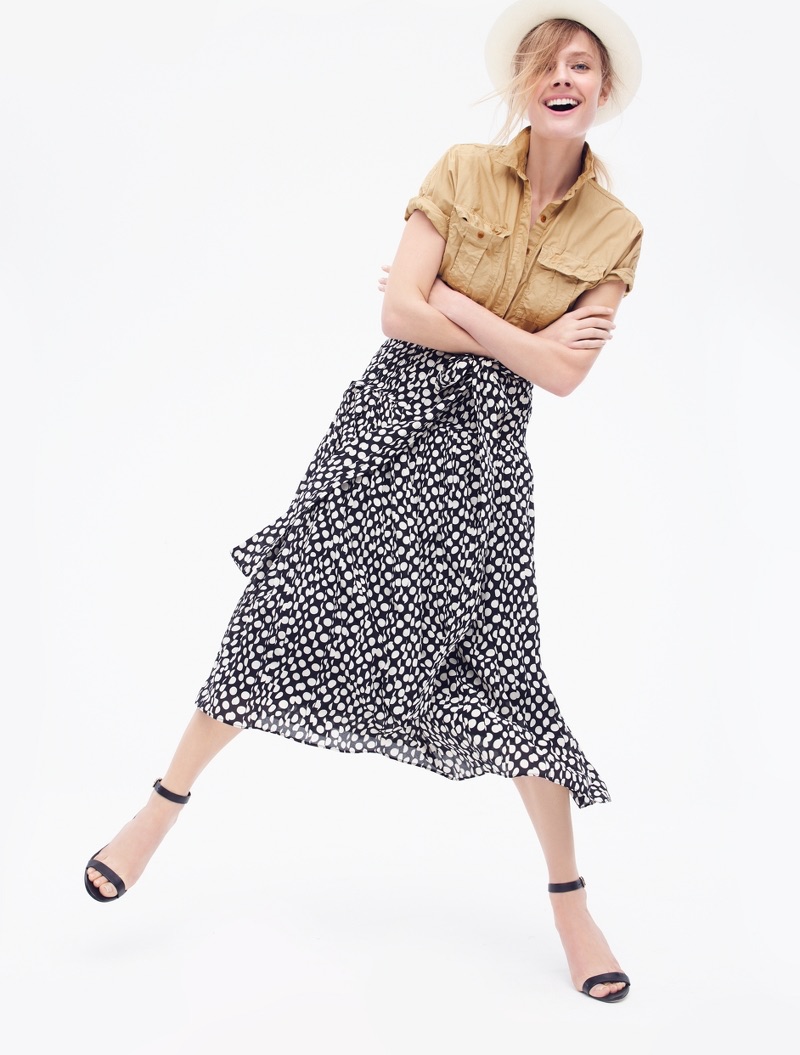 J. Crew Garment-Dyed Utility Popover, Silk Skirt in Ratti Polka Dot, Panama Hat and High-Heel Ankle-Strap Sandals