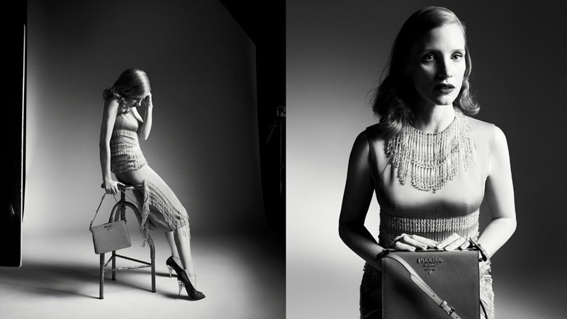 Photographed by Willy Vanderperre, actress Jessica Chastain appears in Prada's fall 2017 campaign