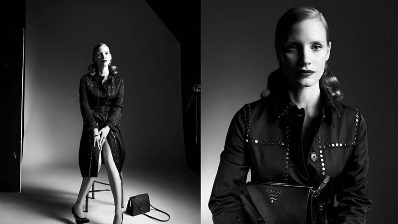 Captured in black and white, Jessica Chastain stars in Prada's fall-winter 2017 campaign