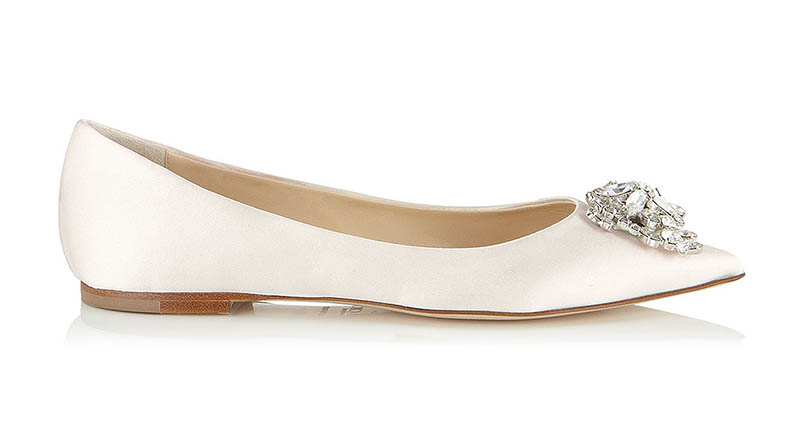 Jimmy Choo Alina Ivory Satin Flats with Crystal Detail $795