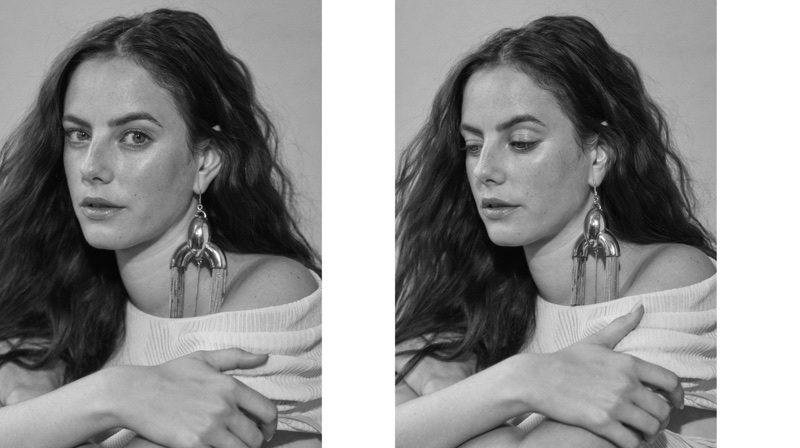 Actress Kaya Scodelario wears a Narciso Rodriguez top with Ellery earring