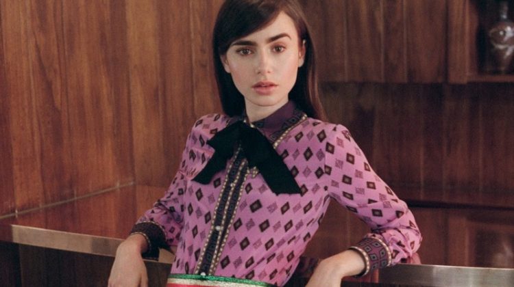 Embracing print, Lily Collins poses in Gucci blouse with Gucci pleated midi skirt