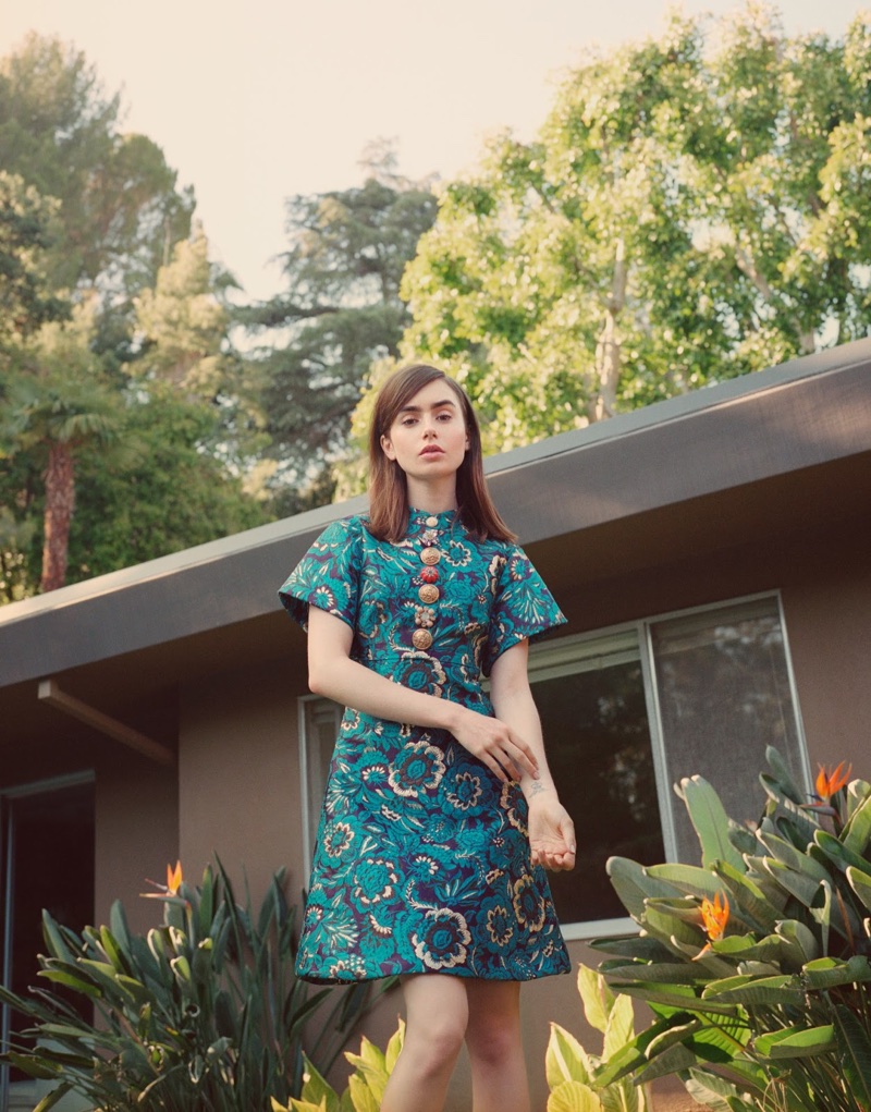 Actress Lily Collins wears Dolce & Gabbana dress