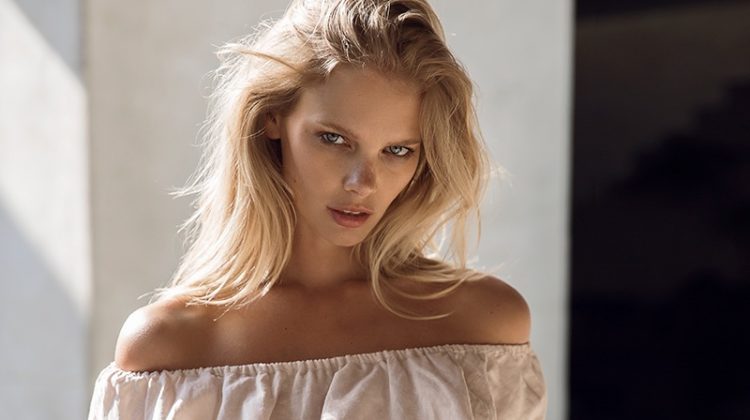 Marloes Horst wears off-the-shoulder top and briefs from LILYA's spring-summer 2017 collection