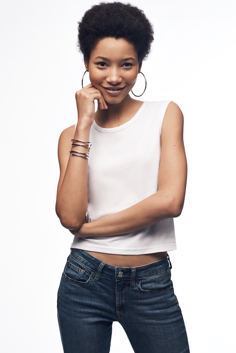 Model Lineisy Montero wears a t-shirt and jeans in Gap's Bridging the Gap 2017 campaign