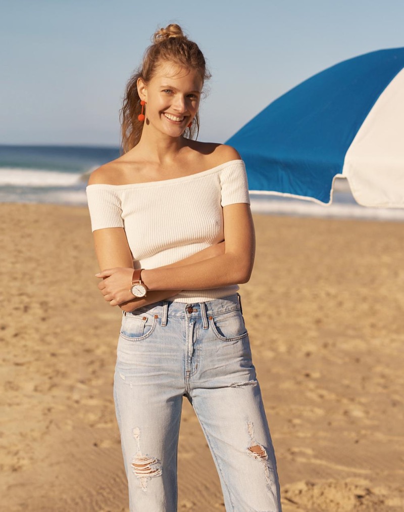 Madewell Beaded Party Earrings, Off-the-Shoulder Sweater and The Perfect Summer Jean in Malden Wash