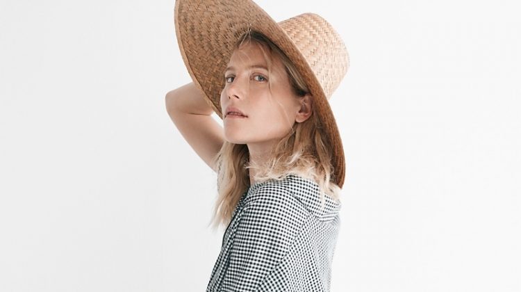 Madewell Courier Button-Back Shirt in Gingham Check and Gingham Tier Mini Skirt. Communitie Cooked Straw Hat.