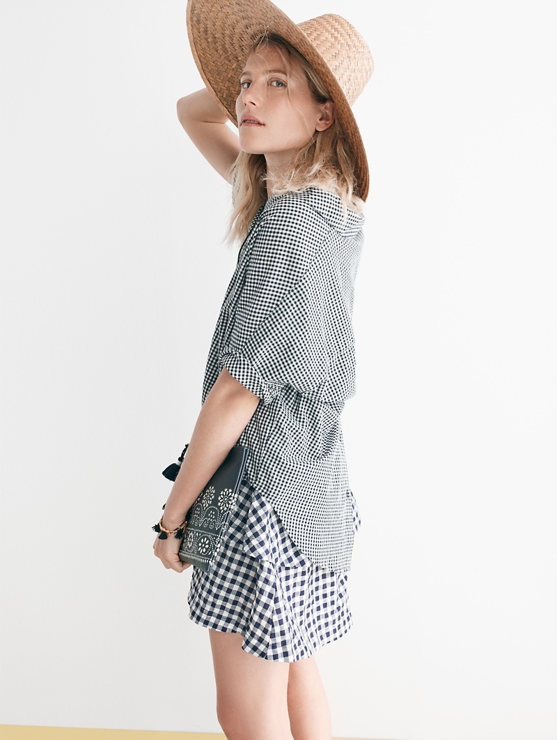 Madewell Courier Button-Back Shirt in Gingham Check and Gingham Tier Mini Skirt. Communitie Cooked Straw Hat.